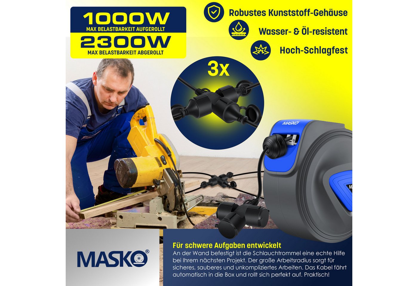 MASKO Verlängerungskabel, (20 cm), Automatik Kabeltrommel Verlängerungskabel mit 3-Fach Anschluss – Bild 4 von 5