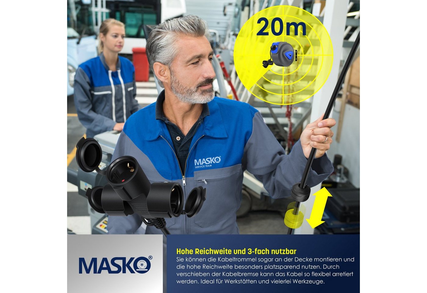 MASKO Verlängerungskabel, (20 cm), Automatik Kabeltrommel Verlängerungskabel mit 3-Fach Anschluss – Bild 5 von 5