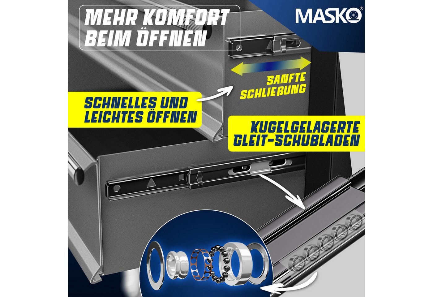 MASKO Werkstattwagen, Schwarz / Grau, Werkzeugwagen inklusive Koffer 9 Fächer Abschließbar Metall Rollwagen – Bild 3 von 5