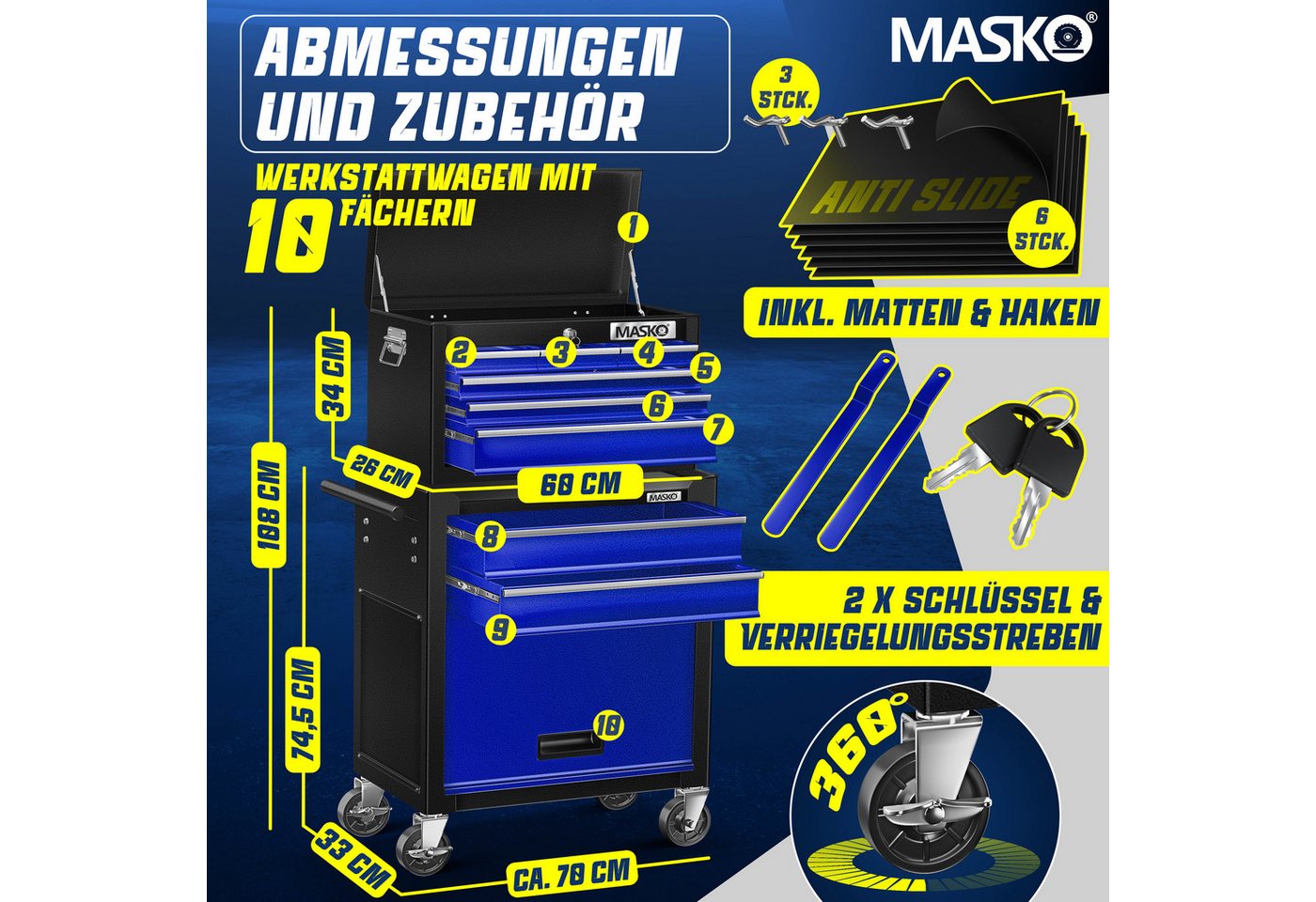 MASKO Werkstattwagen, blau, Werkzeugwagen inklusive Koffer 9 Fächer Abschließbar Metall Rollwagen – Bild 2 von 5
