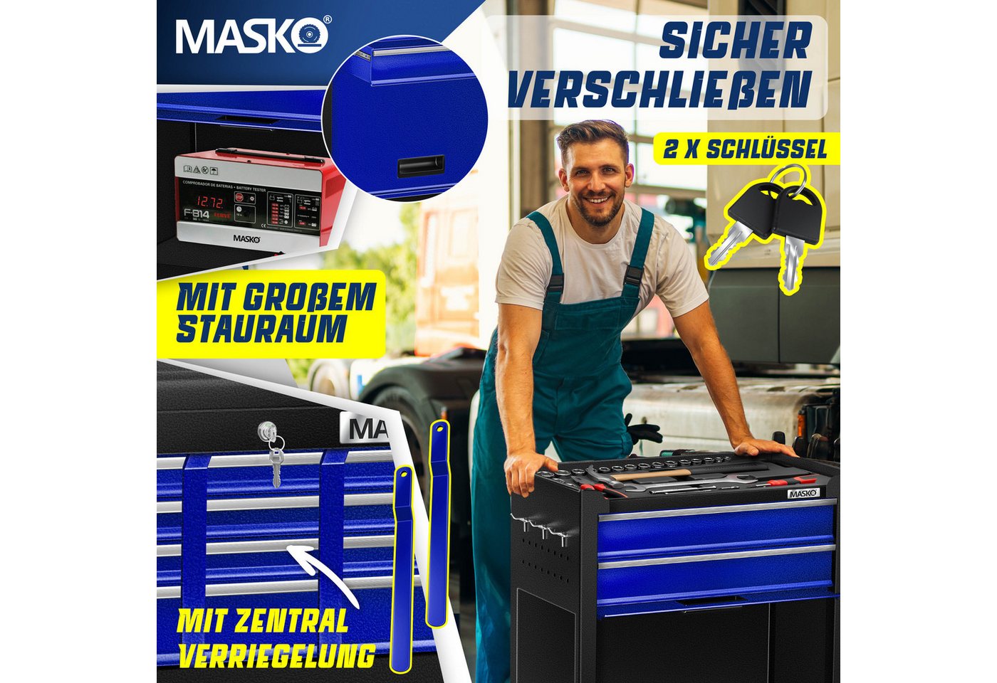 MASKO Werkstattwagen, blau, Werkzeugwagen inklusive Koffer 9 Fächer Abschließbar Metall Rollwagen – Bild 5 von 5
