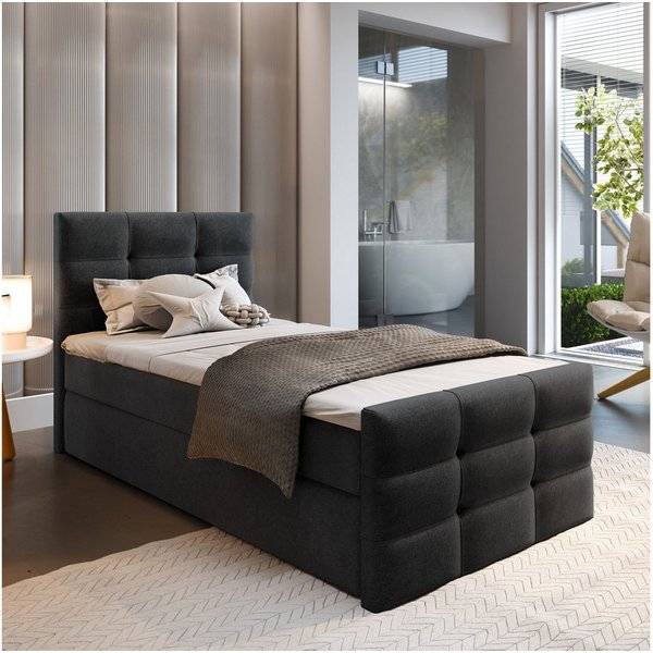 Masseno Boxbett AMON 100x200 cm mit Bonell Matratze und Topper, Einzelbett, Jugendbett, Polsterbett mit Kopfteil, Boxspringbett