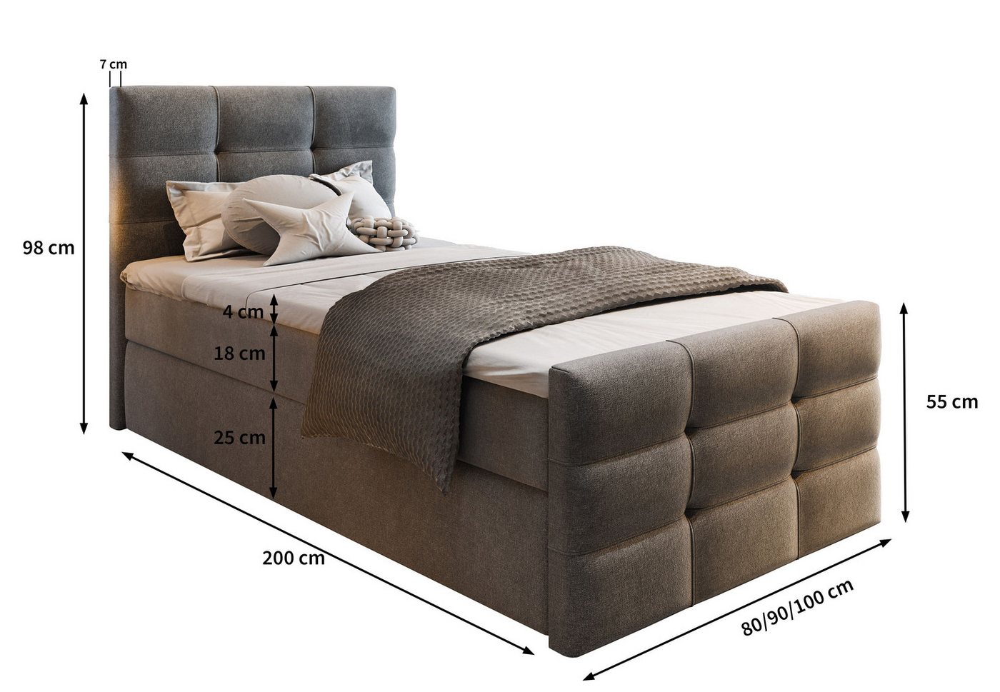 Masseno Boxbett AMON 100x200 cm mit Bonell Matratze und Topper, Einzelbett, Jugendbett, Polsterbett mit Kopfteil, Boxspringbett – Bild 4 von 5