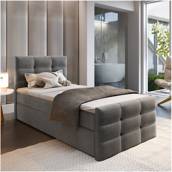 Masseno Boxbett AMON 80x200 cm mit Bonell Matratze und Topper, Einzelbett, Jugendbett, Polsterbett mit Kopfteil, Boxspringbett