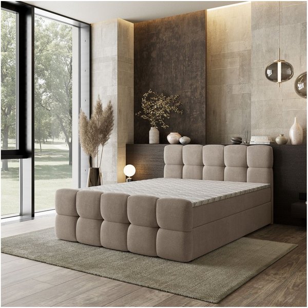Masseno Boxbett BRUME 140x200 cm mit Bonell Matratze und Topper, Doppelbett, Polsterbett mit Kopfteil, Boxspringbett