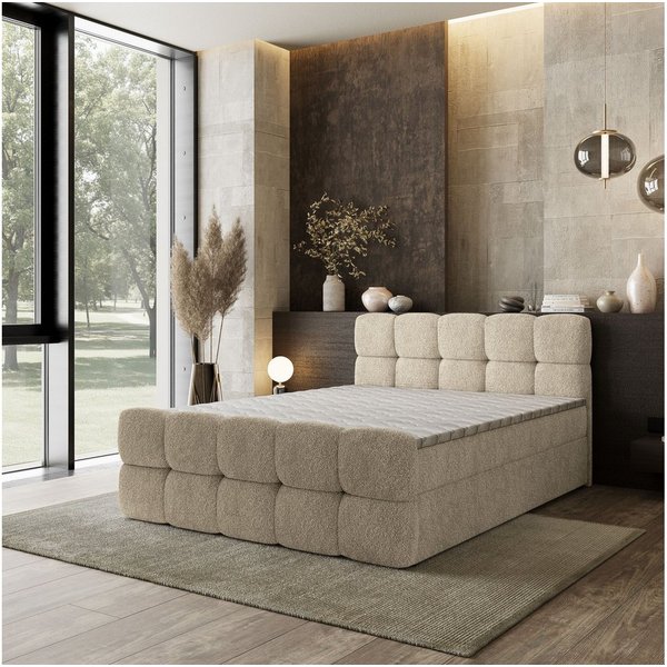 Masseno Boxbett BRUME 180x200 cm mit Bonell Matratze und Topper, Doppelbett, Polsterbett mit Kopfteil, Boxspringbett