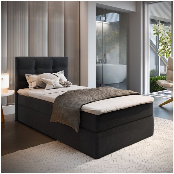 Masseno Boxbett GLOS 100x200 cm mit Bonell Matratze und Topper, Einzelbett, Jugendbett, Polsterbett mit Kopfteil, Boxspringbett