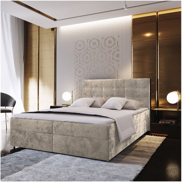 Masseno Boxbett GLOS 180x200 cm mit Bonell Matratze und Topper, Doppelbett, Polsterbett mit Kopfteil, Boxspringbett