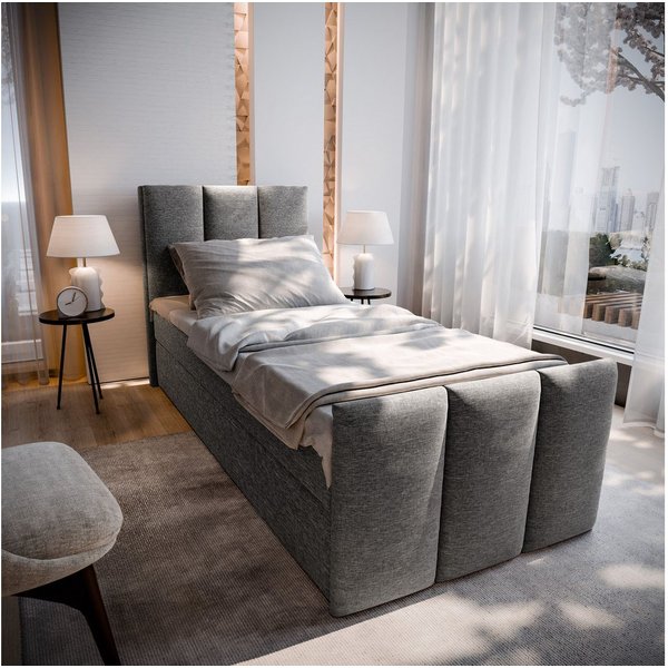Masseno Boxbett LAGO 100x200 cm mit Bonell Matratze und Topper, Einzelbett, Jugendbett, Polsterbett mit Kopfteil, Boxspringbett