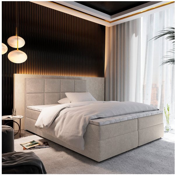 Masseno Boxbett LENA 140x200 cm mit Bonell Matratze und Topper, Doppelbett, Polsterbett mit Kopfteil, Boxspringbett