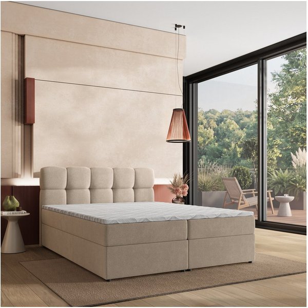 Masseno Boxbett MERU 160x200 cm mit Bonell Matratze und Topper, Doppelbett, Polsterbett mit Kopfteil, Boxspringbett