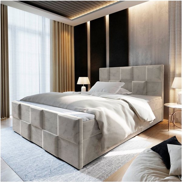 Masseno Boxbett MONA 140x200 cm mit Bonell Matratze und Topper, Doppelbett, Polsterbett mit Kopfteil, Boxspringbett