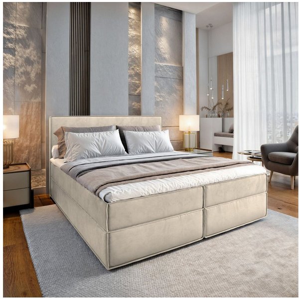 Masseno Boxbett PELLIO 160x200 cm mit Bonell Matratze und Topper, Doppelbett, Polsterbett mit Kopfteil, Boxspringbett