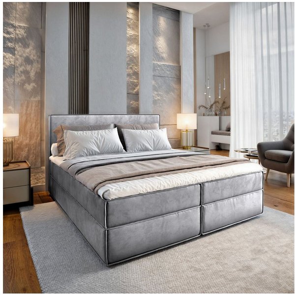 Masseno Boxbett PELLIO 160x200 cm mit Bonell Matratze und Topper, Doppelbett, Polsterbett mit Kopfteil, Boxspringbett