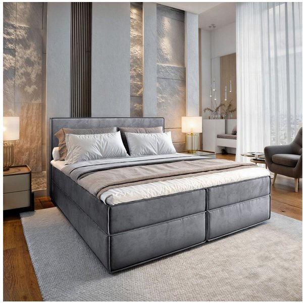 Masseno Boxbett PELLIO 160x200 cm mit Bonell Matratze und Topper, Doppelbett, Polsterbett mit Kopfteil, Boxspringbett