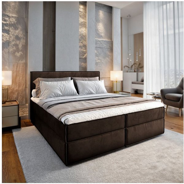 Masseno Boxbett PELLIO 160x200 cm mit Bonell Matratze und Topper, Doppelbett, Polsterbett mit Kopfteil, Boxspringbett