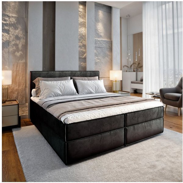 Masseno Boxbett PELLIO 180x200 cm mit Bonell Matratze und Topper, Doppelbett, Polsterbett mit Kopfteil, Boxspringbett