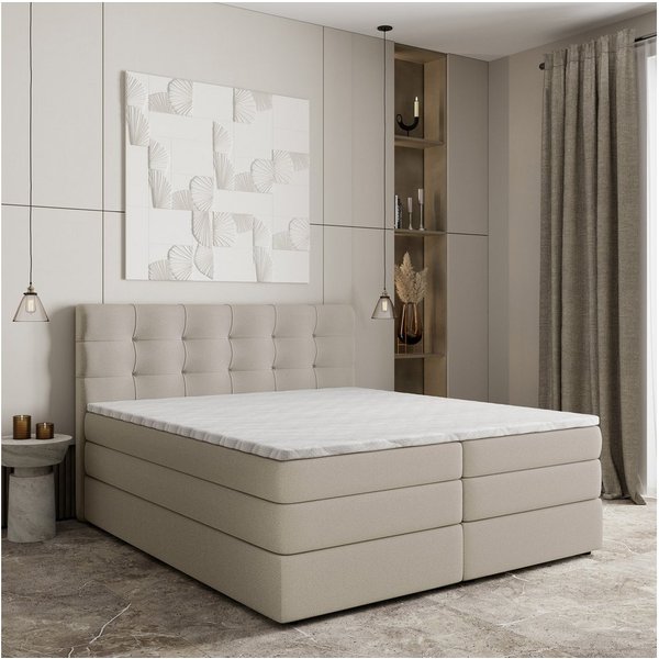 Masseno Boxspringbett AREZI 140x200 cm mit Bonell Matratze und Topper, Doppelbett, Polsterbett mit Kopfteil, Boxspringbett