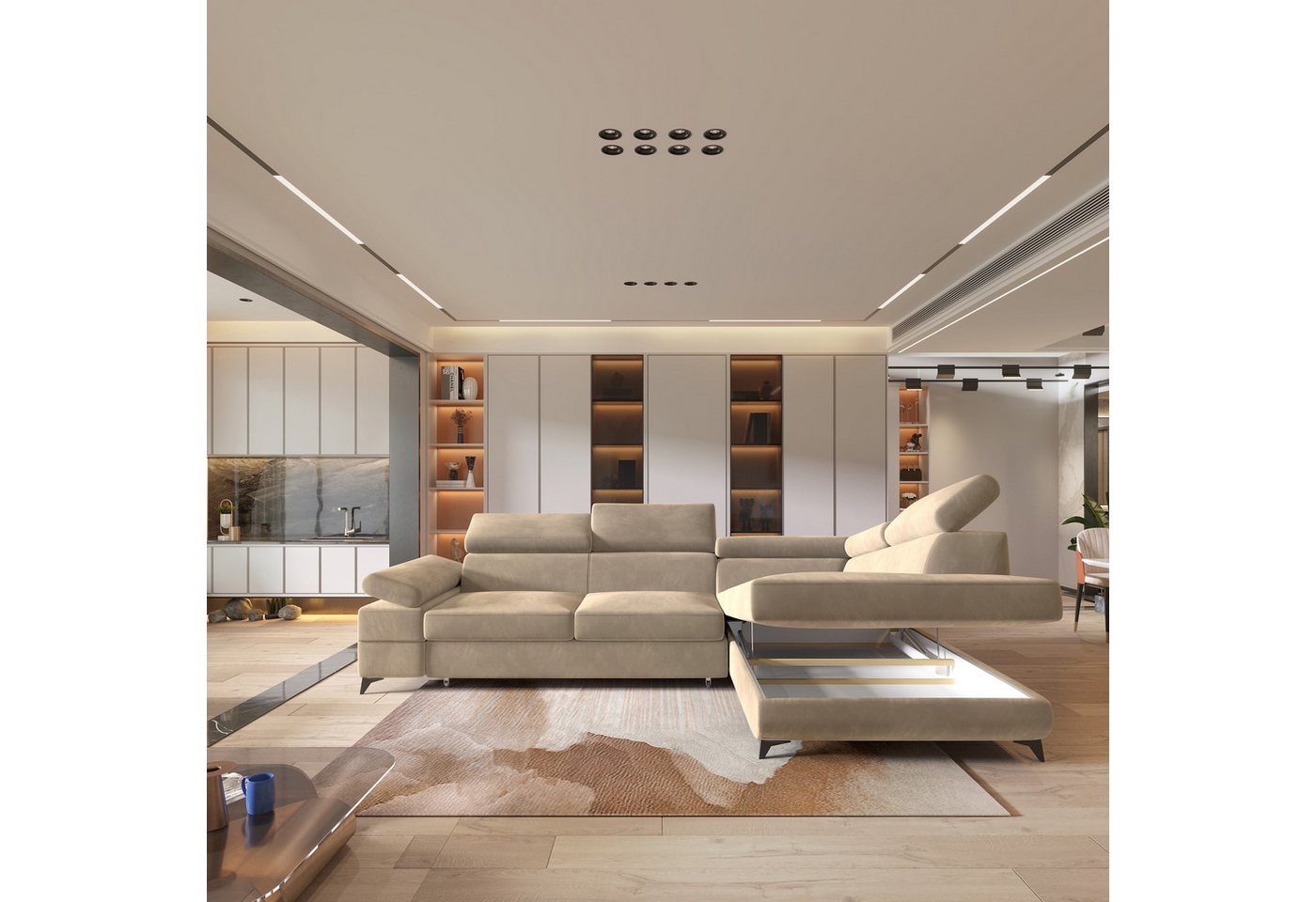 Masseno Ecksofa FAVIEN mit Schlaffunktion L-Form, Sofa mit Bettkasten – Bild 3 von 5