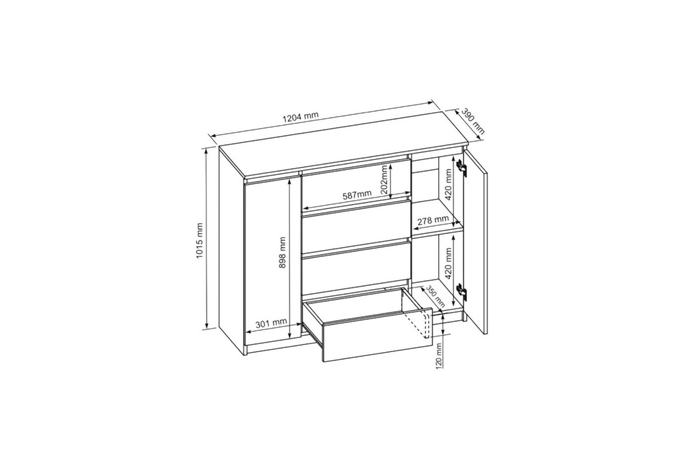 Masseno Kommode NUDO 120 cm Sideboard mit 4 Schubladen und 2 Türen Weiß – Bild 2 von 5