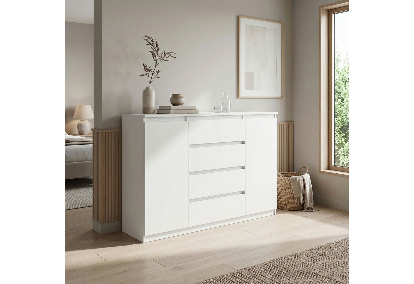 Masseno Kommode NUDO 120 cm Sideboard mit 4 Schubladen und 2 Türen Weiß – Bild 3 von 5