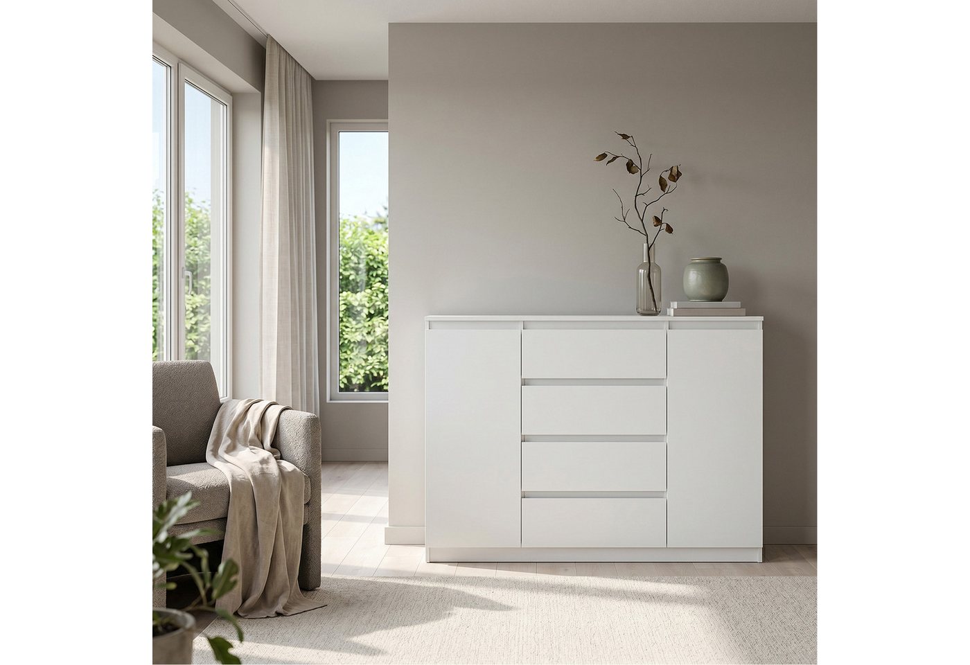 Masseno Kommode NUDO 120 cm Sideboard mit 4 Schubladen und 2 Türen Weiß – Bild 4 von 5