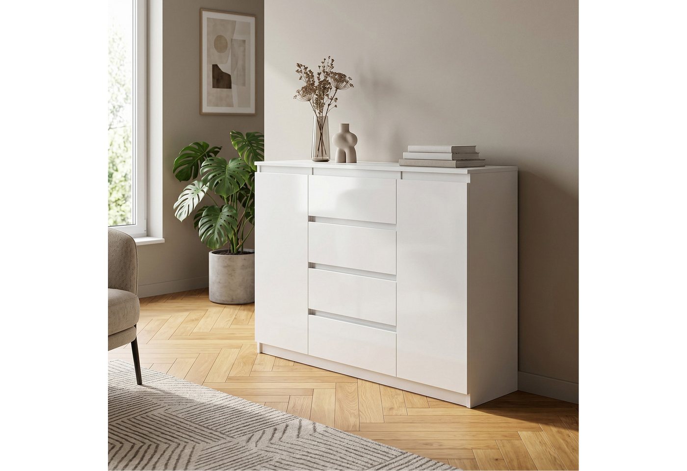 Masseno Kommode NUDO 120 cm Sideboard mit 4 Schubladen und 2 Türen Weiß – Bild 5 von 5
