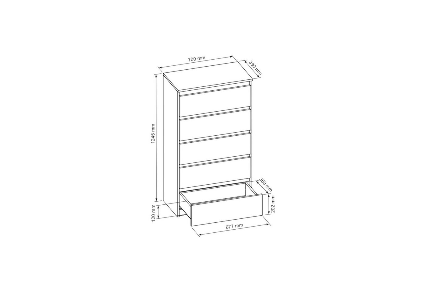 Masseno Kommode NUDO 70 cm Sideboard mit 5 Schubladen Schwarz – Bild 2 von 5