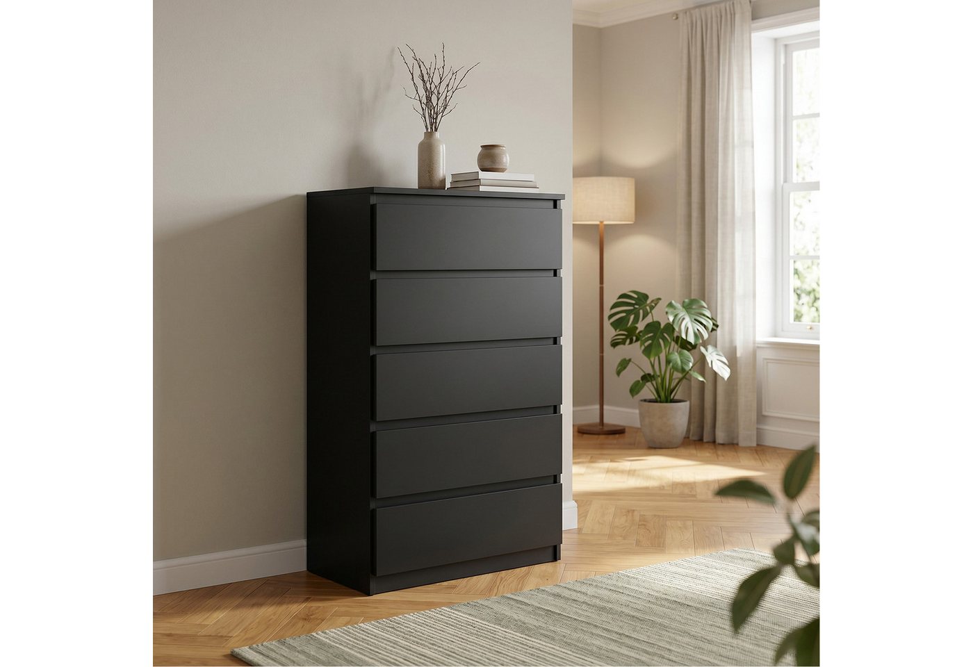 Masseno Kommode NUDO 70 cm Sideboard mit 5 Schubladen Schwarz – Bild 3 von 5