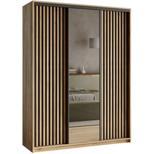Masseno Schwebetürenschrank ORRA 150 cm Kleiderschrank mit Spiegel 3 Türen Schwarz