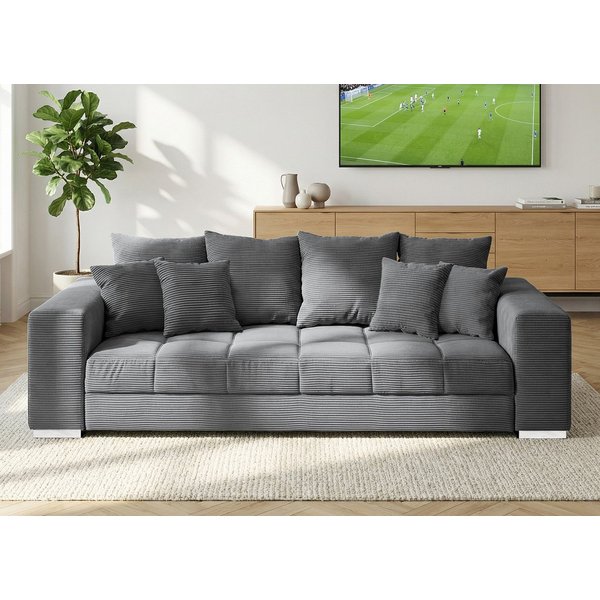 Massivart® Big-Sofa Cord grau oder beige 254 cm, Nosagunterfederung, 4-Sitzer »BORNEO«, Rücken echt bezogen • inkl. Kissen Set