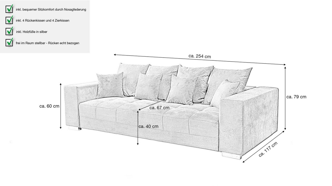Massivart® Big-Sofa Cord grau oder beige 254 cm, Nosagunterfederung, 4-Sitzer »BORNEO«, Rücken echt bezogen • inkl. Kissen Set – Bild 4 von 5