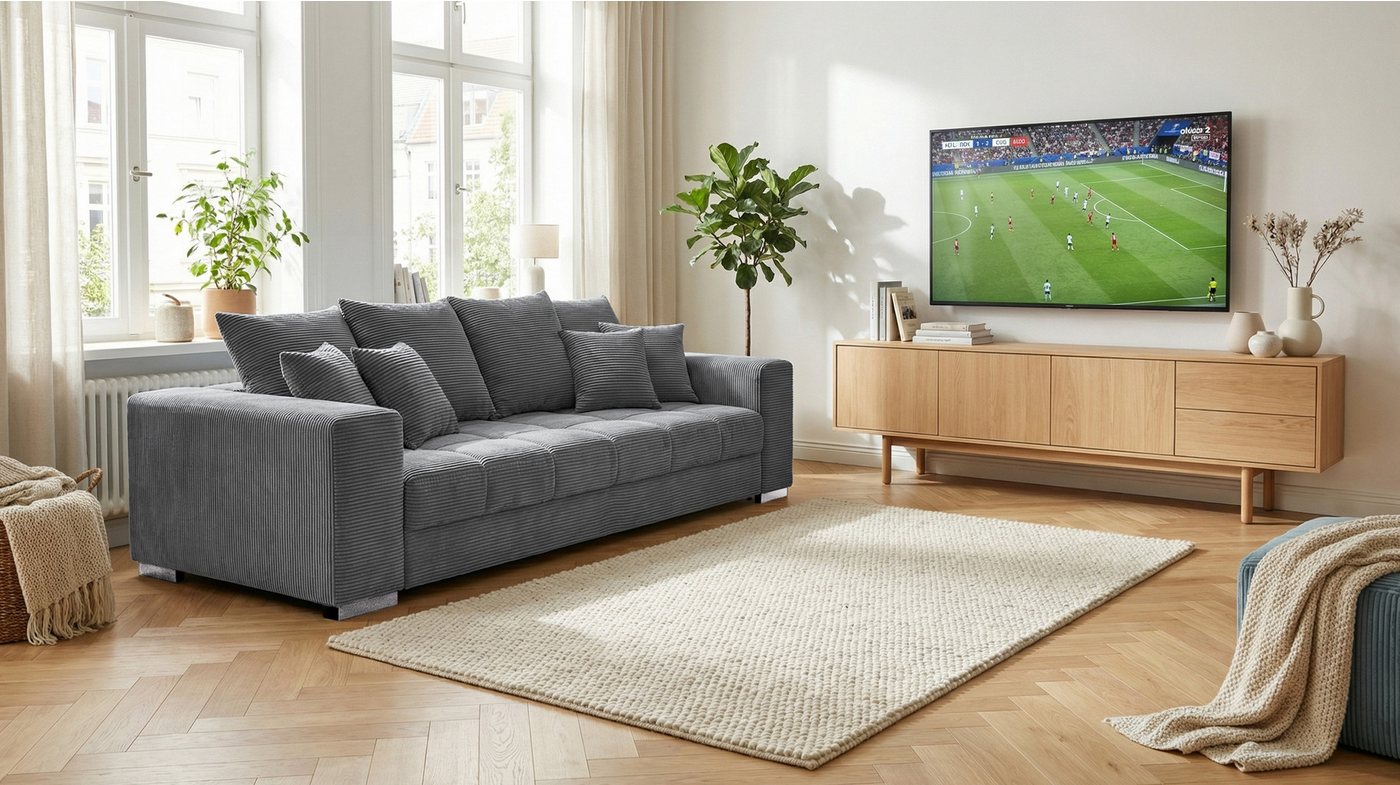 Massivart® Big-Sofa Cord grau oder beige 254 cm, Nosagunterfederung, 4-Sitzer »BORNEO«, Rücken echt bezogen • inkl. Kissen Set – Bild 5 von 5