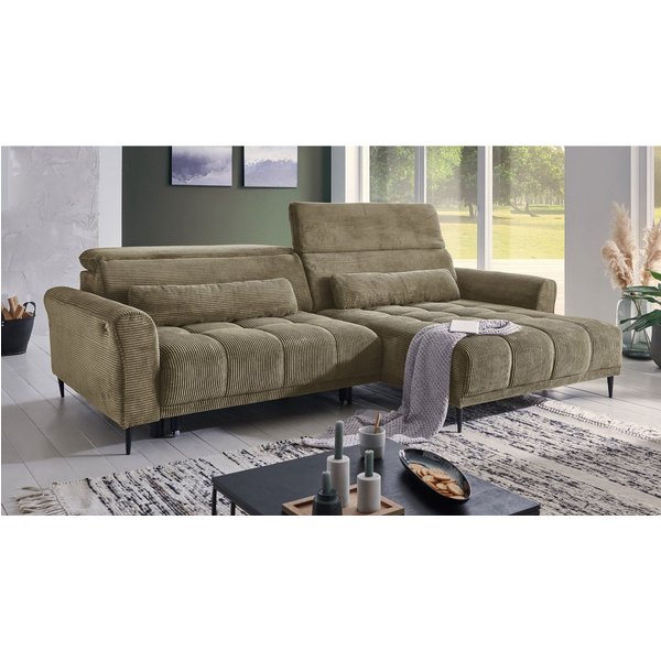 Massivart® Ecksofa Cord 277 cm / Cordsofa LOGAN / Sitztiefenverstellung / Nosagfederung, Kopfteilverstellung · Rücken echt bezogen · 2 Nierenkissen
