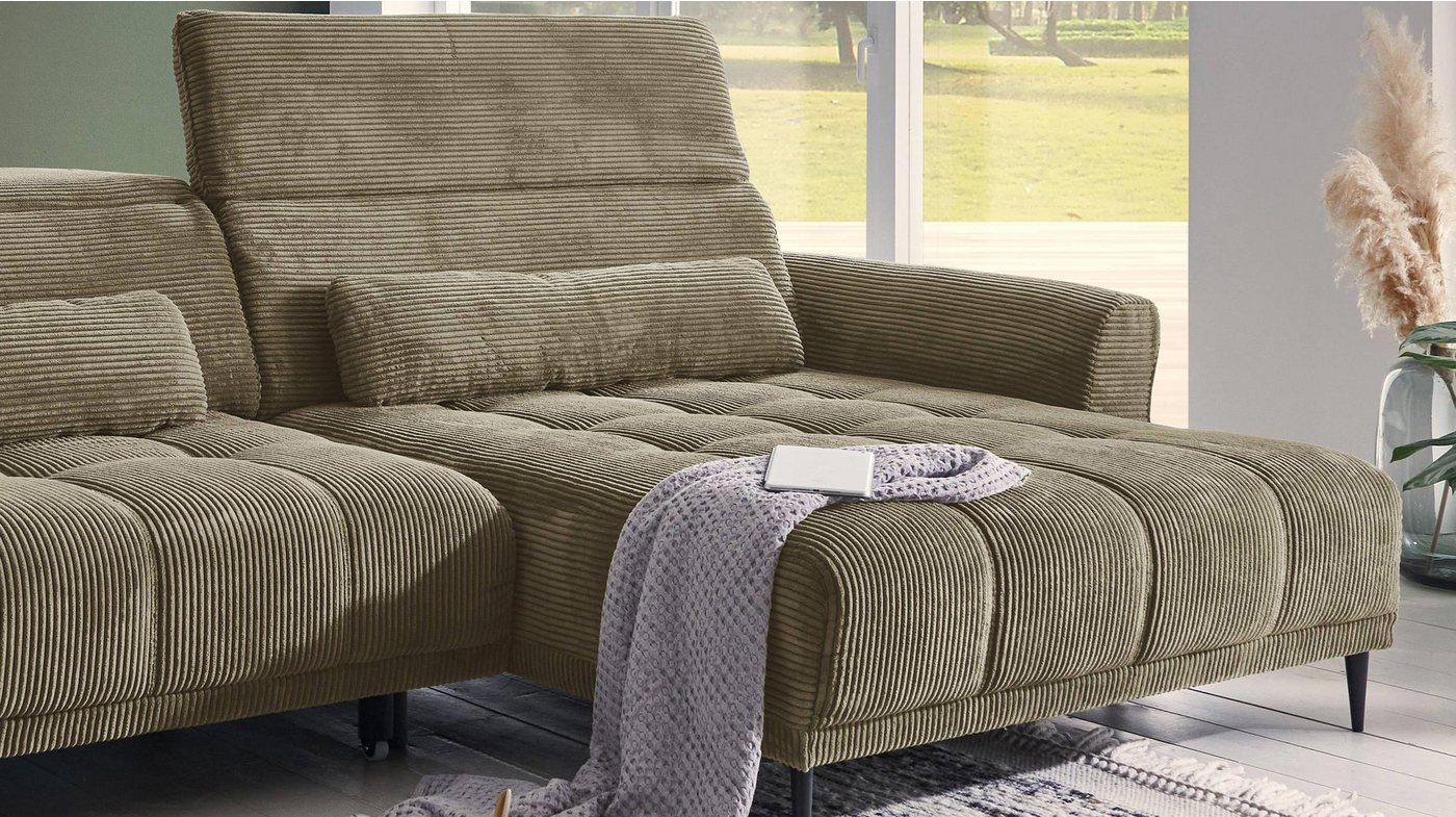 Massivart® Ecksofa Cord 277 cm / Cordsofa LOGAN / Sitztiefenverstellung / Nosagfederung, Kopfteilverstellung · Rücken echt bezogen · 2 Nierenkissen – Bild 4 von 5