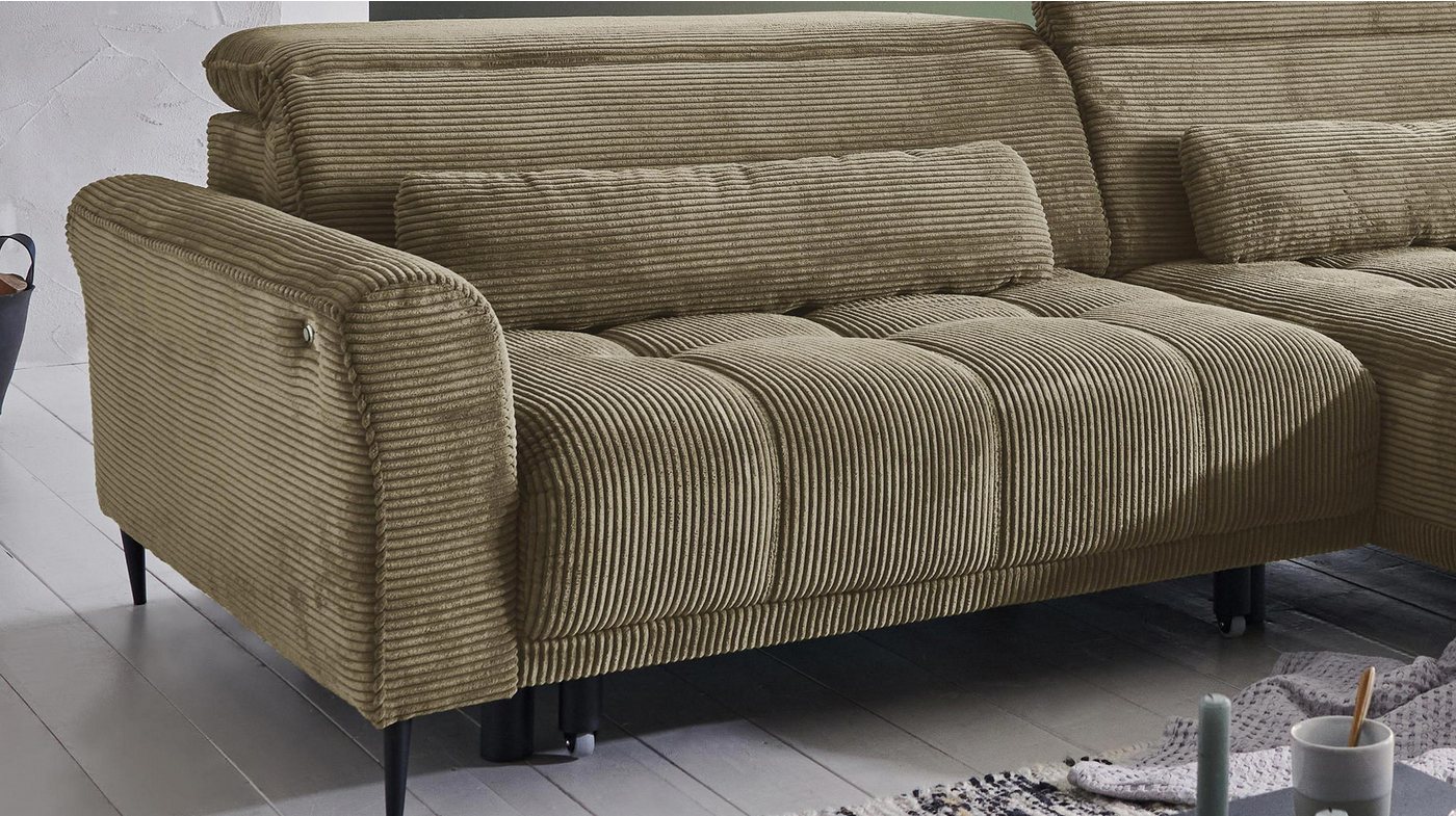 Massivart® Ecksofa Cord 277 cm / Cordsofa LOGAN / Sitztiefenverstellung / Nosagfederung, Kopfteilverstellung · Rücken echt bezogen · 2 Nierenkissen – Bild 5 von 5