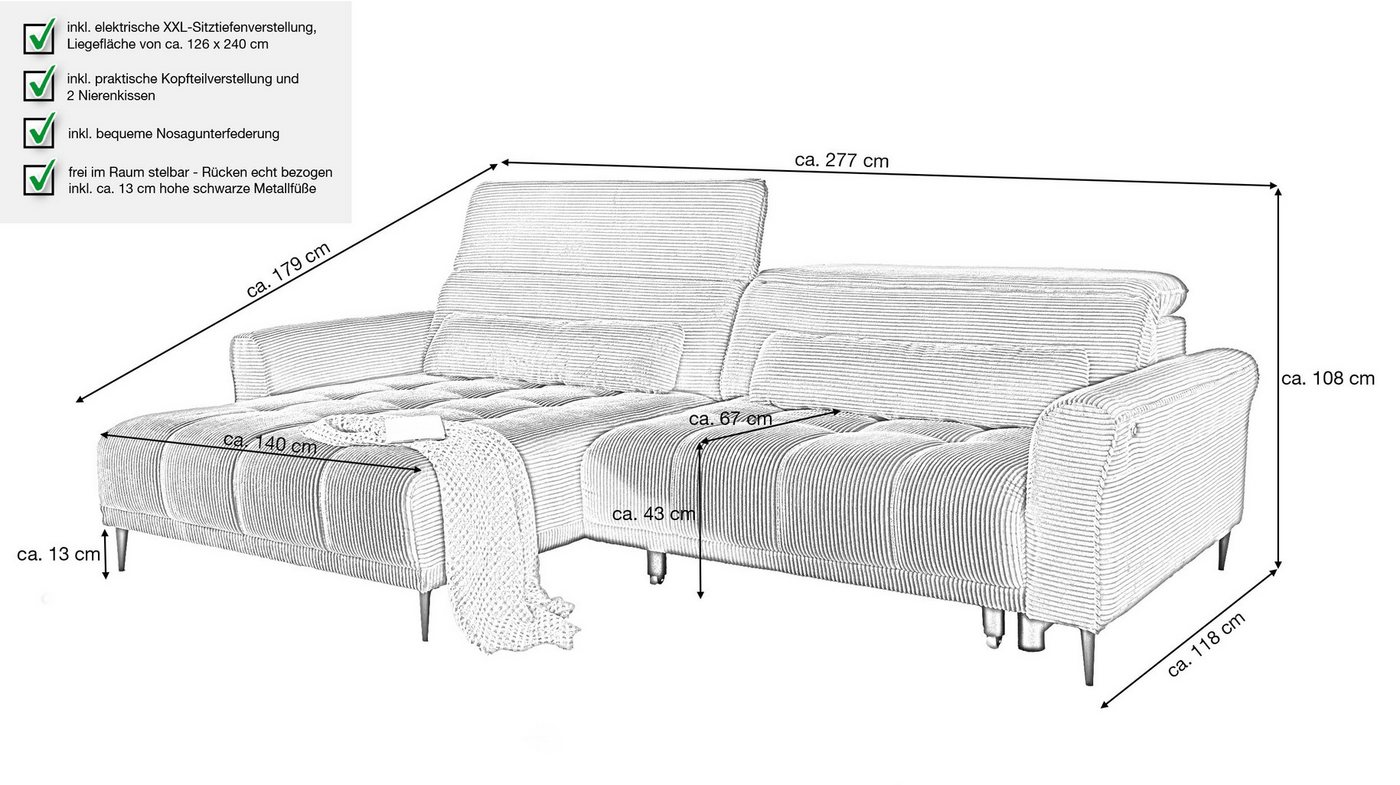 Massivart® Ecksofa Cord 277 cm / Cordsofa LOGAN / Sitztiefenverstellung / Nosagfederung, Kopfteilverstellung · Rücken echt bezogen · 2 Nierenkissen – Bild 3 von 5