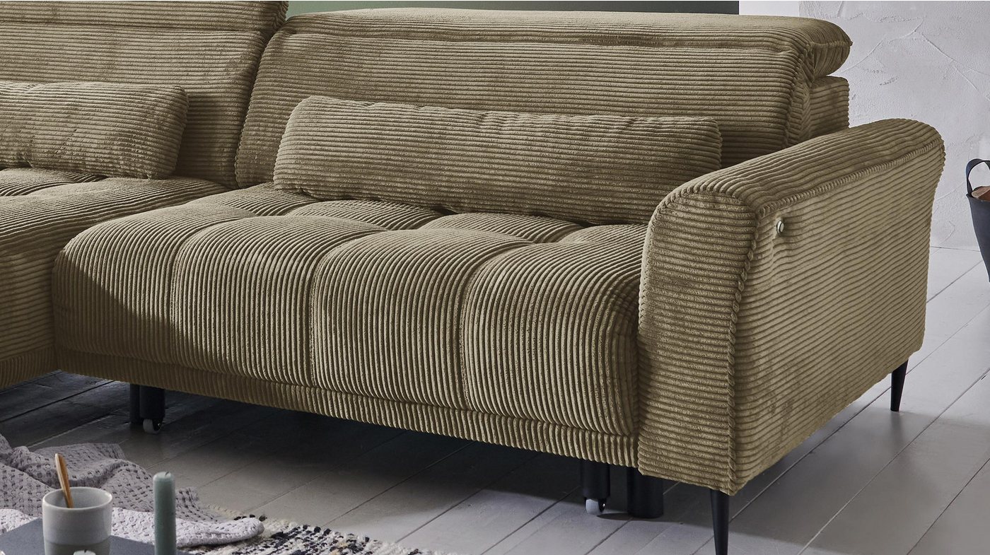 Massivart® Ecksofa Cord 277 cm / Cordsofa LOGAN / Sitztiefenverstellung / Nosagfederung, Kopfteilverstellung · Rücken echt bezogen · 2 Nierenkissen – Bild 5 von 5