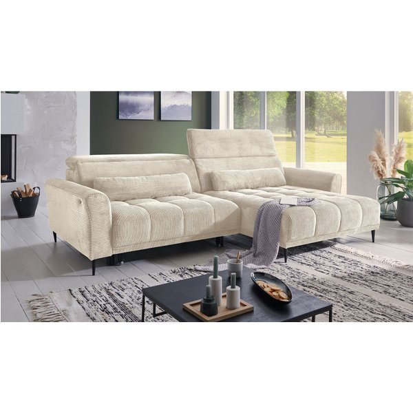 Massivart® Ecksofa Cord 277 cm / Cordsofa LOGAN / Sitztiefenverstellung / Nosagfederung, Kopfteilverstellung · Rücken echt bezogen · 2 Nierenkissen