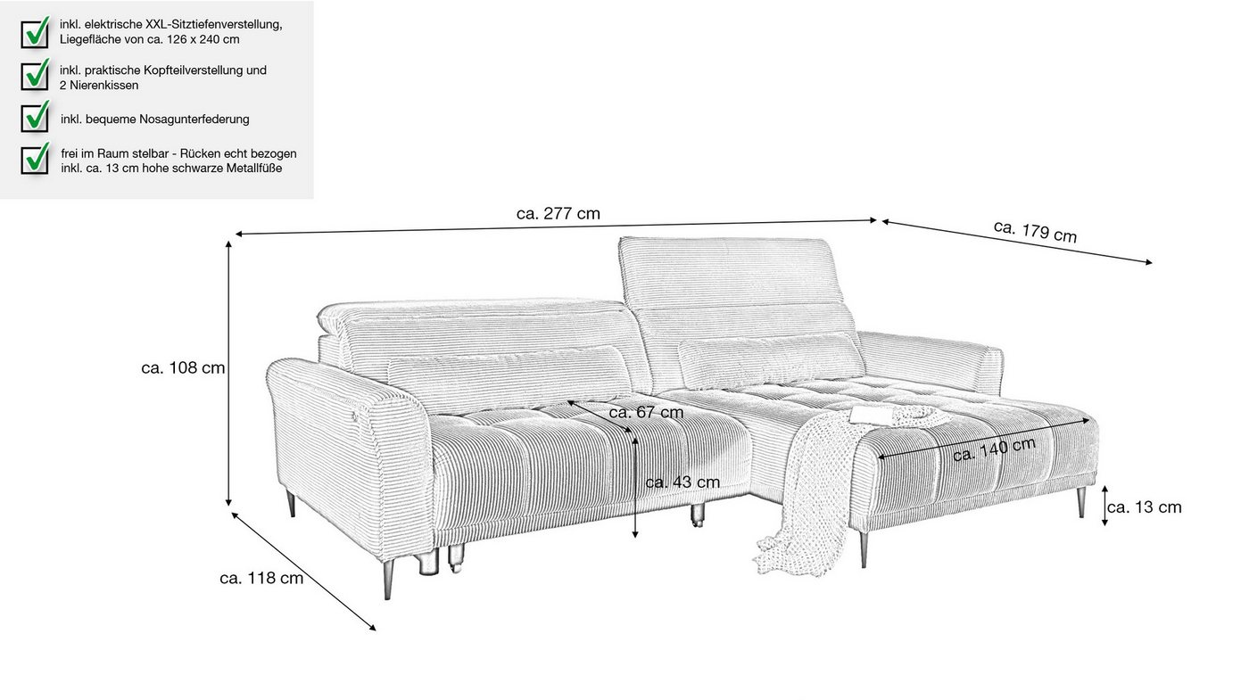 Massivart® Ecksofa Cord 277 cm / Cordsofa LOGAN / Sitztiefenverstellung / Nosagfederung, Kopfteilverstellung · Rücken echt bezogen · 2 Nierenkissen – Bild 3 von 5