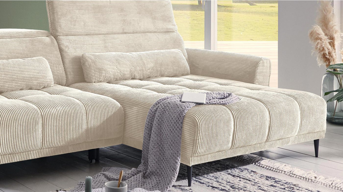 Massivart® Ecksofa Cord 277 cm / Cordsofa LOGAN / Sitztiefenverstellung / Nosagfederung, Kopfteilverstellung · Rücken echt bezogen · 2 Nierenkissen – Bild 4 von 5