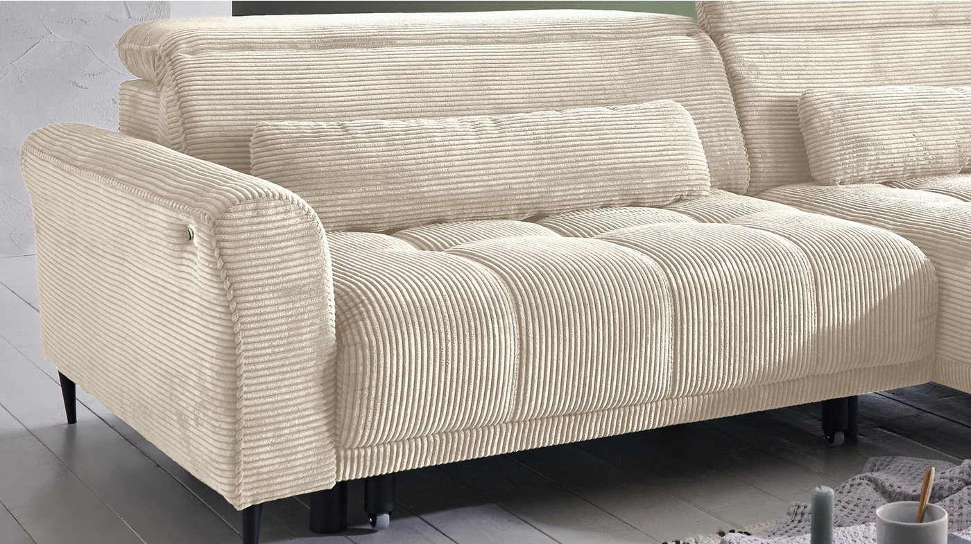 Massivart® Ecksofa Cord 277 cm / Cordsofa LOGAN / Sitztiefenverstellung / Nosagfederung, Kopfteilverstellung · Rücken echt bezogen · 2 Nierenkissen – Bild 5 von 5