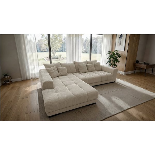 Massivart® Ecksofa Cord 300x215 cm / Nosagfederung / L-Form Cordsofa / ARTEMIS, inkl. Kissen-Set · frei im Raum stellbar