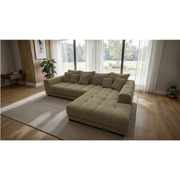 Massivart® Ecksofa Cord 300x215 cm / Nosagfederung / L-Form Cordsofa / ARTEMIS, inkl. Kissen-Set · frei im Raum stellbar