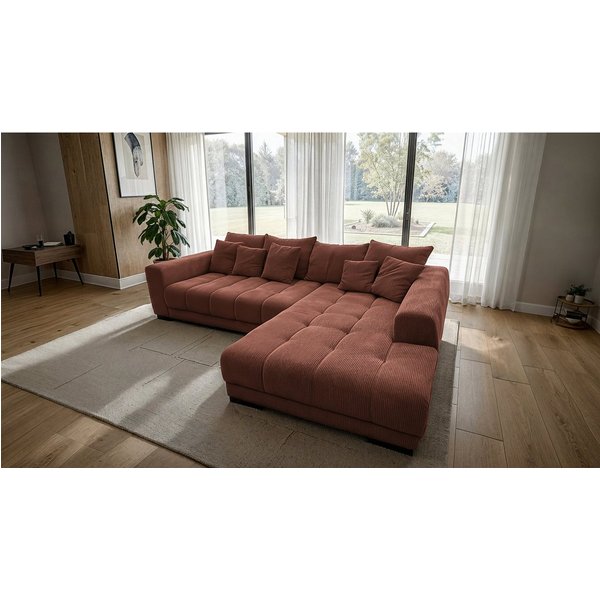 Massivart® Ecksofa Cord 300x215 cm / Nosagfederung / L-Form Cordsofa / ARTEMIS, inkl. Kissen-Set · frei im Raum stellbar