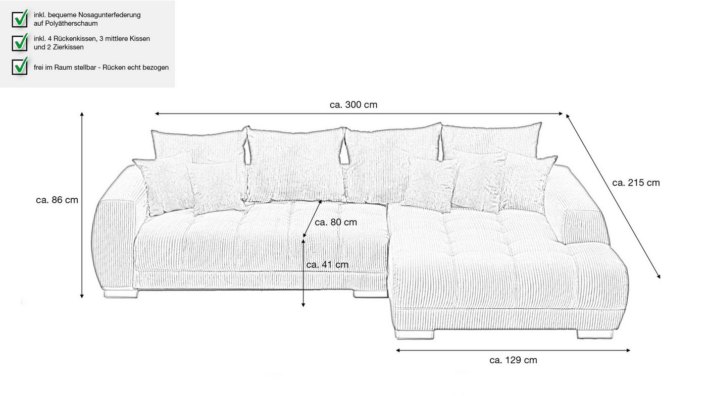 Massivart® Ecksofa Cord 300x215 cm / Nosagfederung / L-Form Cordsofa / ARTEMIS, inkl. Kissen-Set · frei im Raum stellbar – Bild 3 von 5