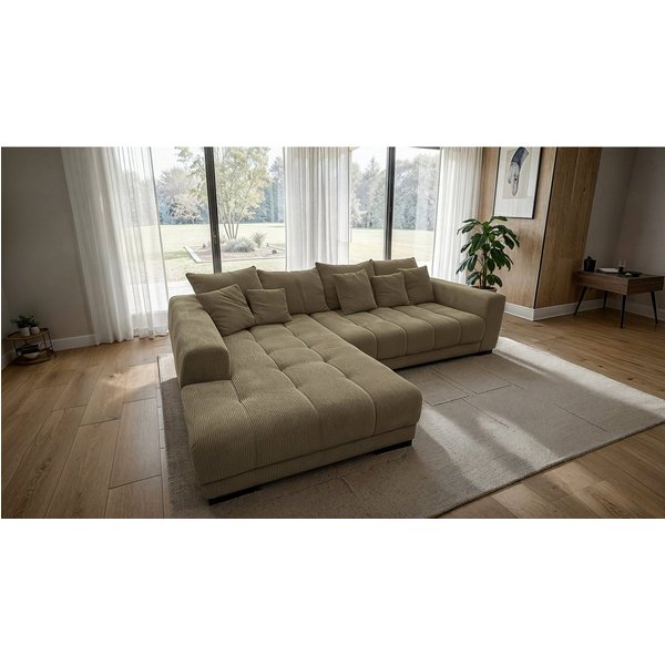 Massivart® Ecksofa Cord 300x215 cm / Nosagfederung / L-Form Cordsofa / ARTEMIS, inkl. Kissen-Set · frei im Raum stellbar