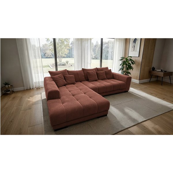 Massivart® Ecksofa Cord 300x215 cm / Nosagfederung / L-Form Cordsofa / ARTEMIS, inkl. Kissen-Set · frei im Raum stellbar