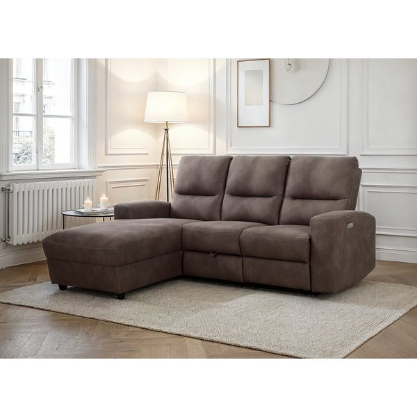 Massivart® Ecksofa Microfaser braun 216x156 cm / Relaxfunktion & USB / Palina, Federkern, Stauraum, Ottomane links, Kontrastnaht