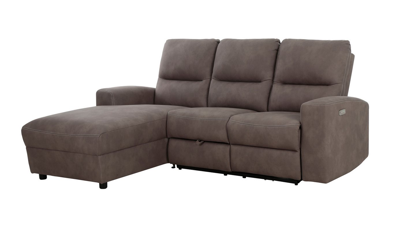 Massivart® Ecksofa Microfaser braun 216x156 cm / Relaxfunktion & USB / Palina, Federkern, Stauraum, Ottomane links, Kontrastnaht – Bild 2 von 5